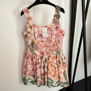 Zimmermann new embroidered pink flower suspender pleated dress